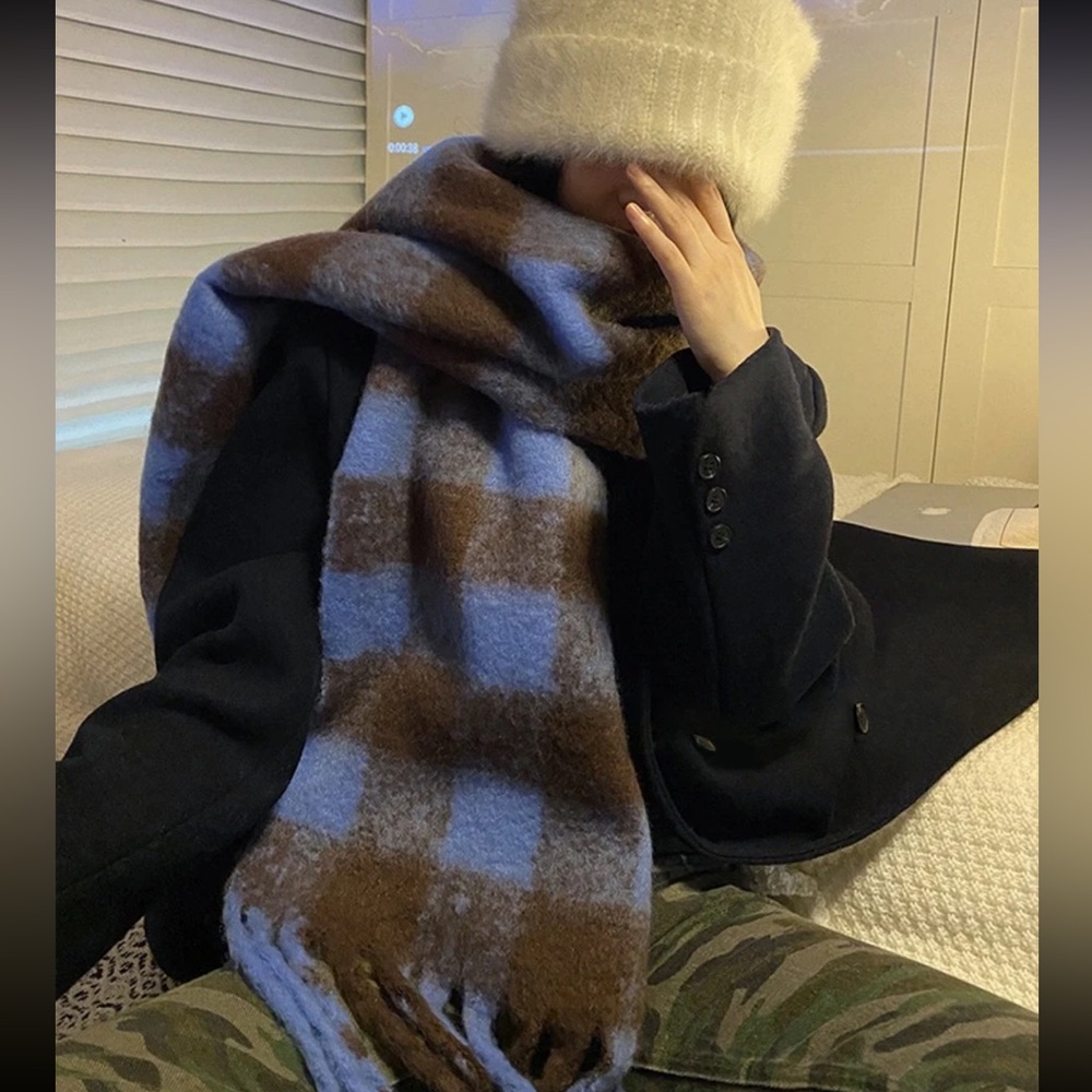 Boutique Cozy Plaid Scarf in Blue and Brown